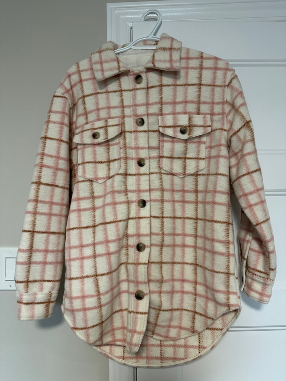 Joie Women’s Cream & Pink Plaid Button-Up Shacket - size Small NWOT